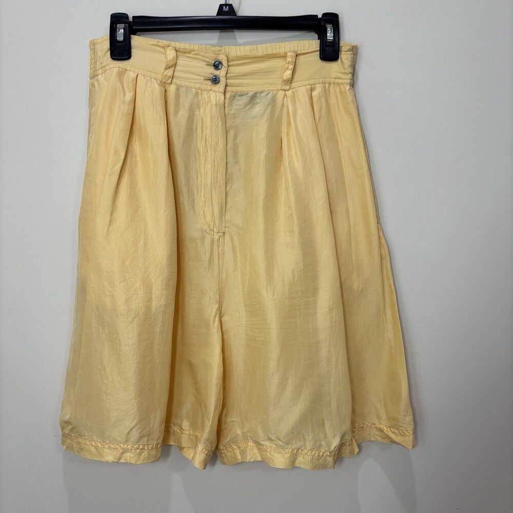 Vintage Forenza Butter Yellow Shorts 100% Silk Women M Oversized Airy Culottes
